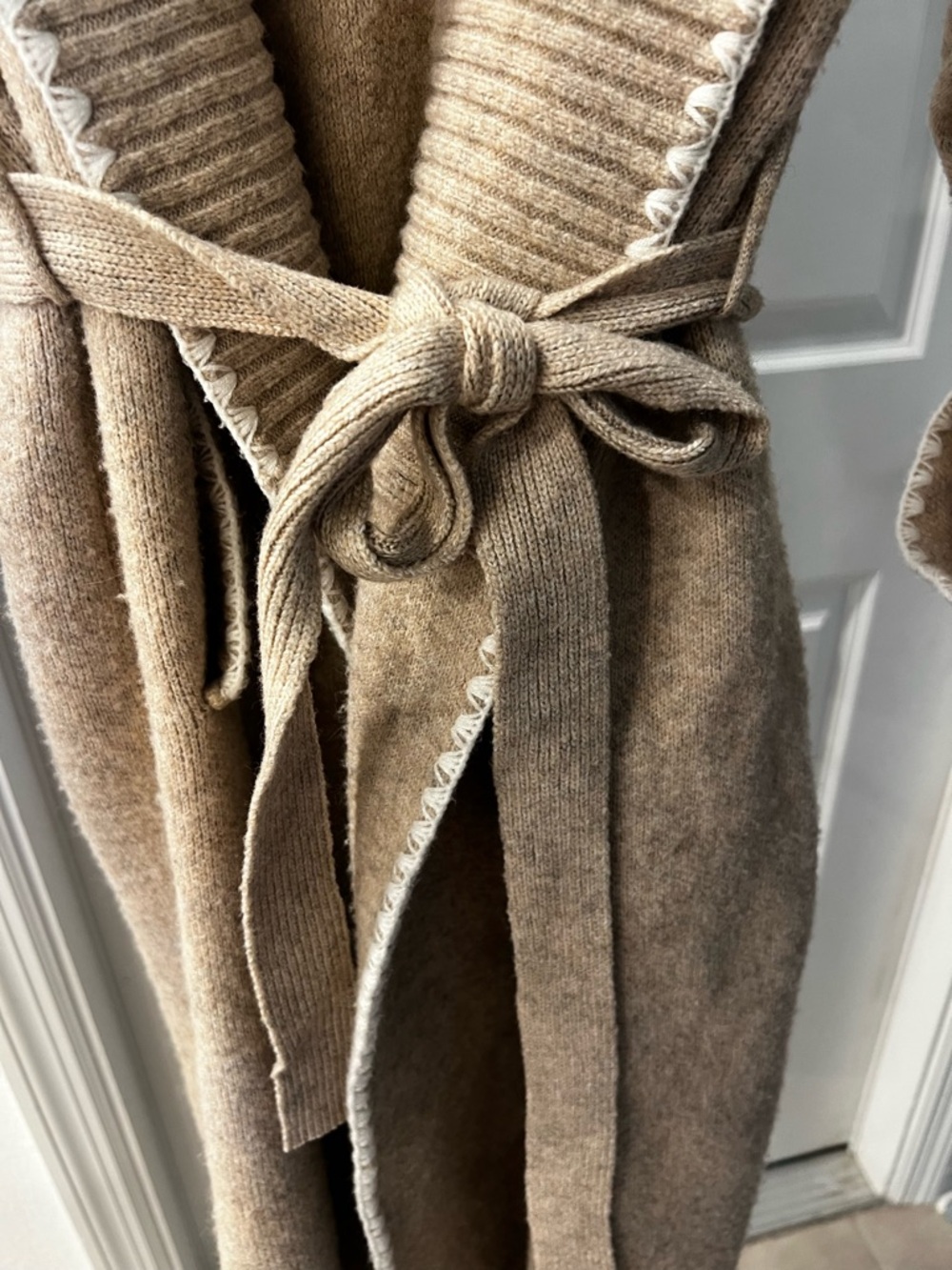 Heirloom Long Wrap Cardigan Sweater Small Beige Belted Cozy Knit Duster - Picture 6 of 7